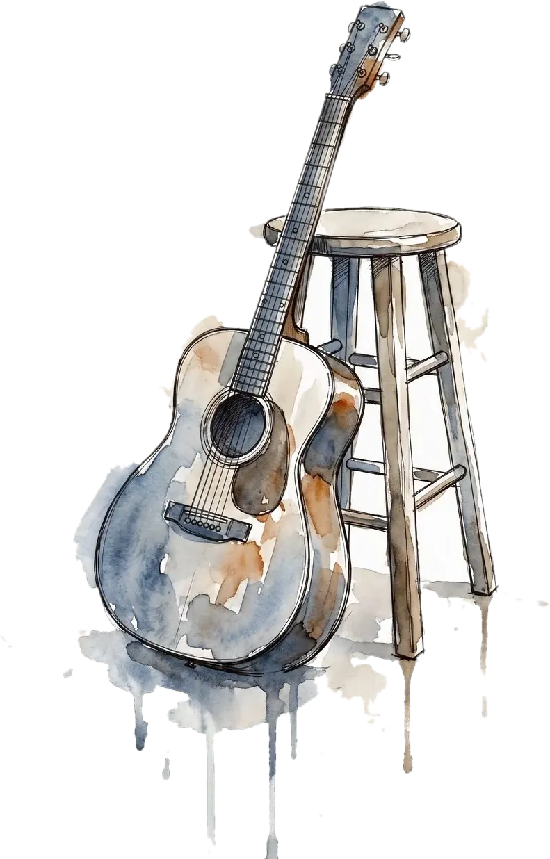 Akwarela: gitara oparta o taboret